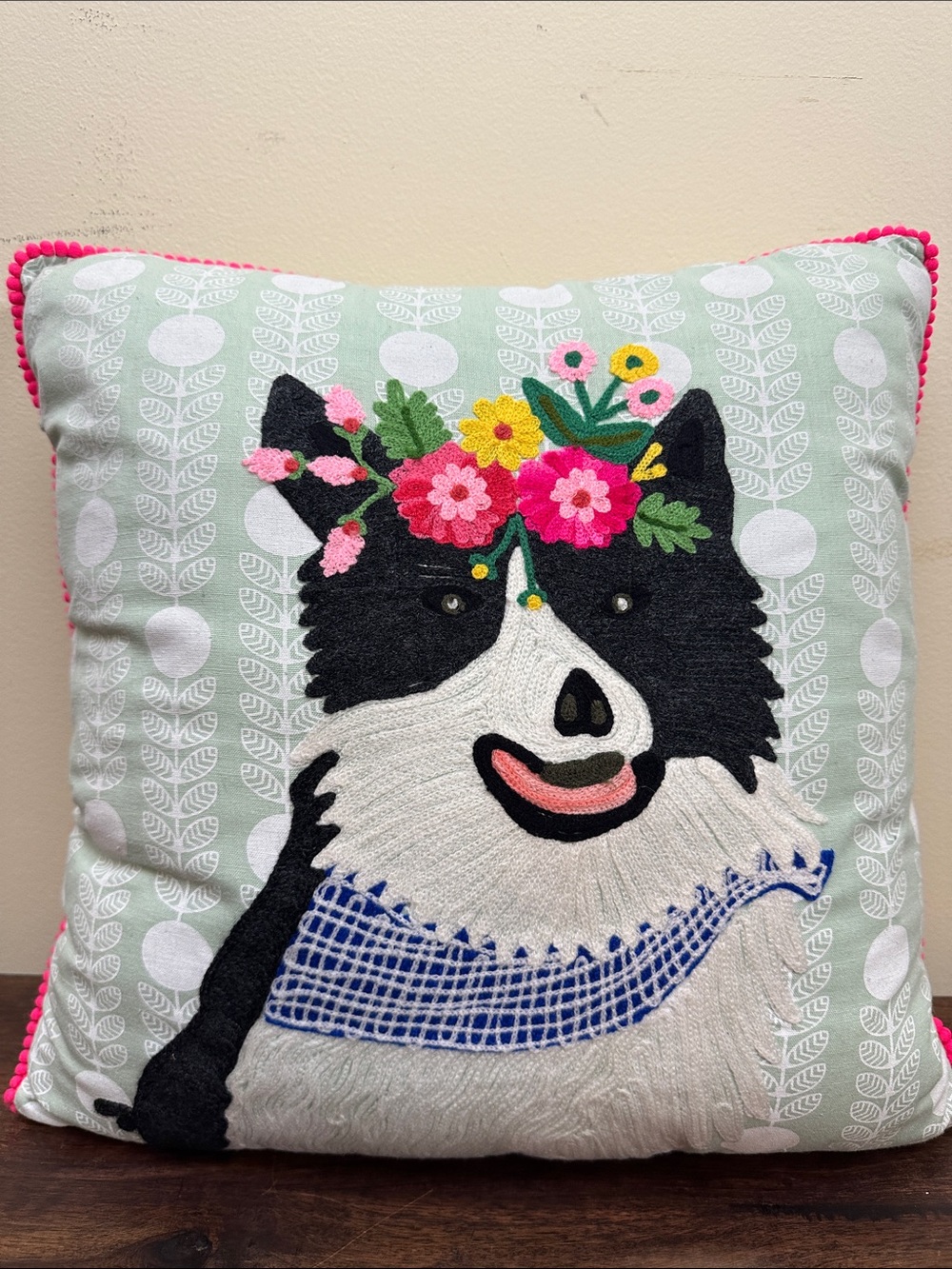 Karma Living Frieda Crown Dog Embroidered Accent Pillow - Mint & Pink
